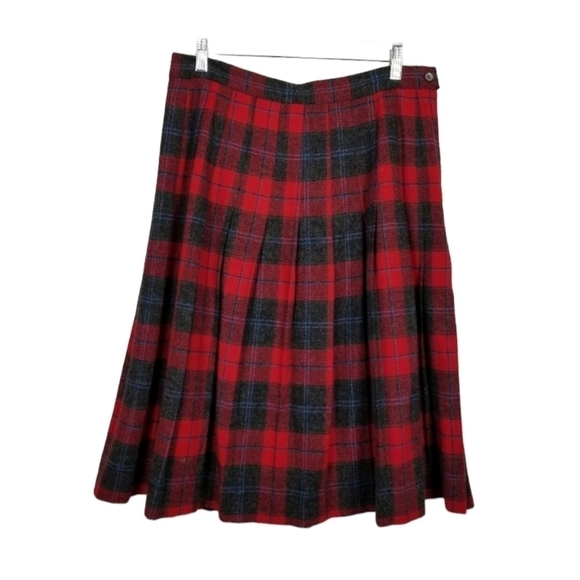 Vintage 100% Wool Pleated Tartan Plaid Midi Skirt Red Gray Blue USA Mik Mak 14 - Picture 1 of 8